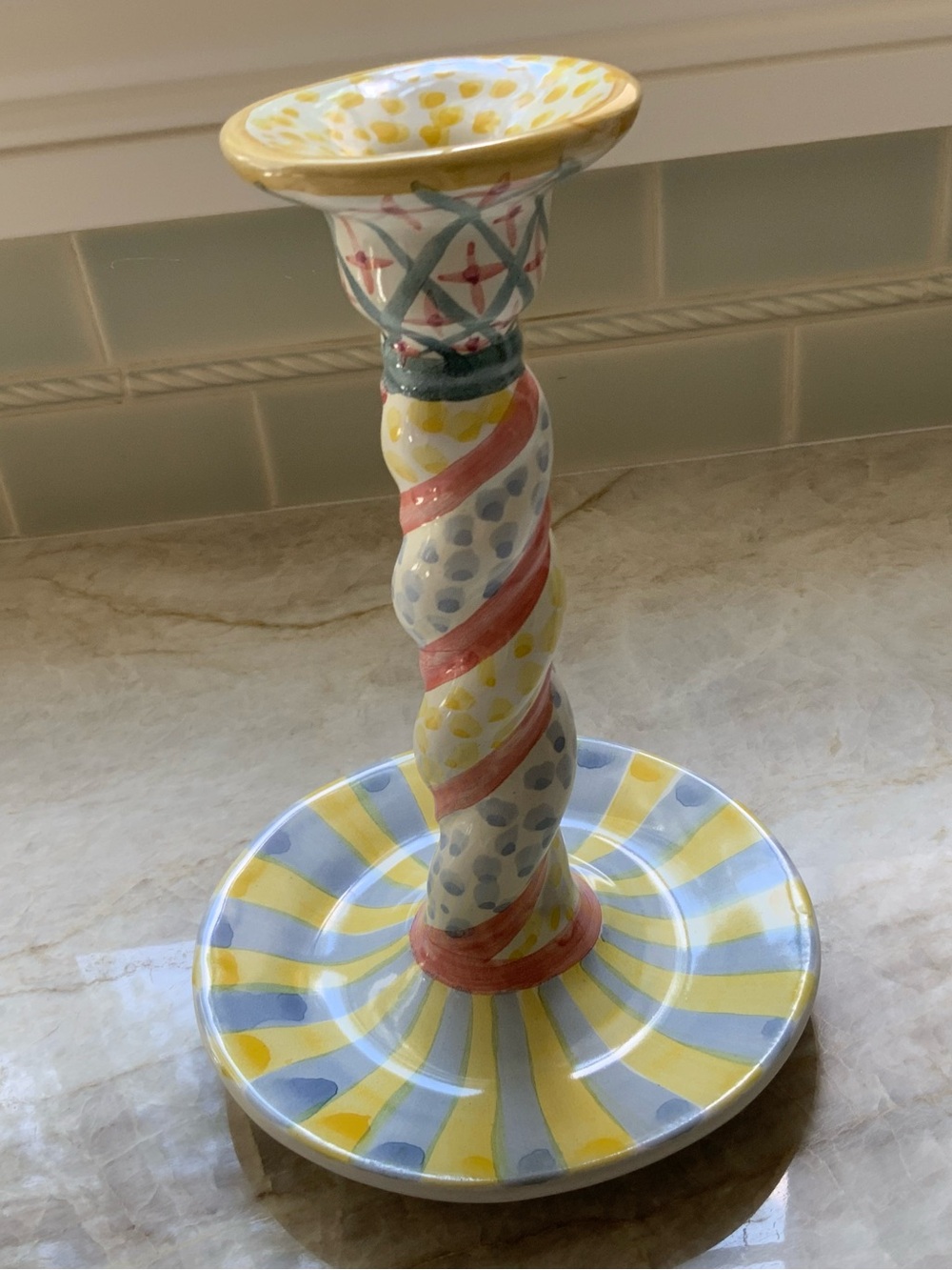 Hand-Painted Ceramic Candlestick Holder in Yellow and Blue